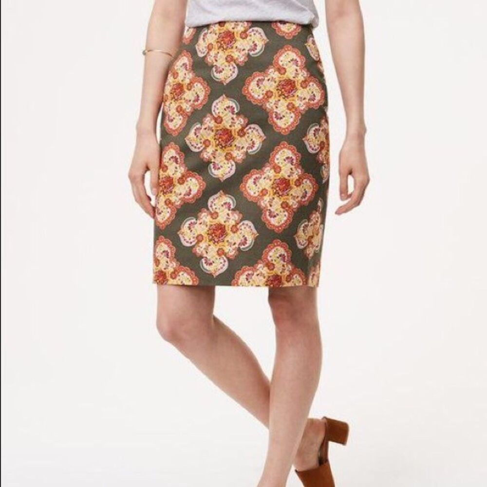 LOFT Paisley Medallion Pencil Skirt Olive Green Orange Geometric Tile Plus 18